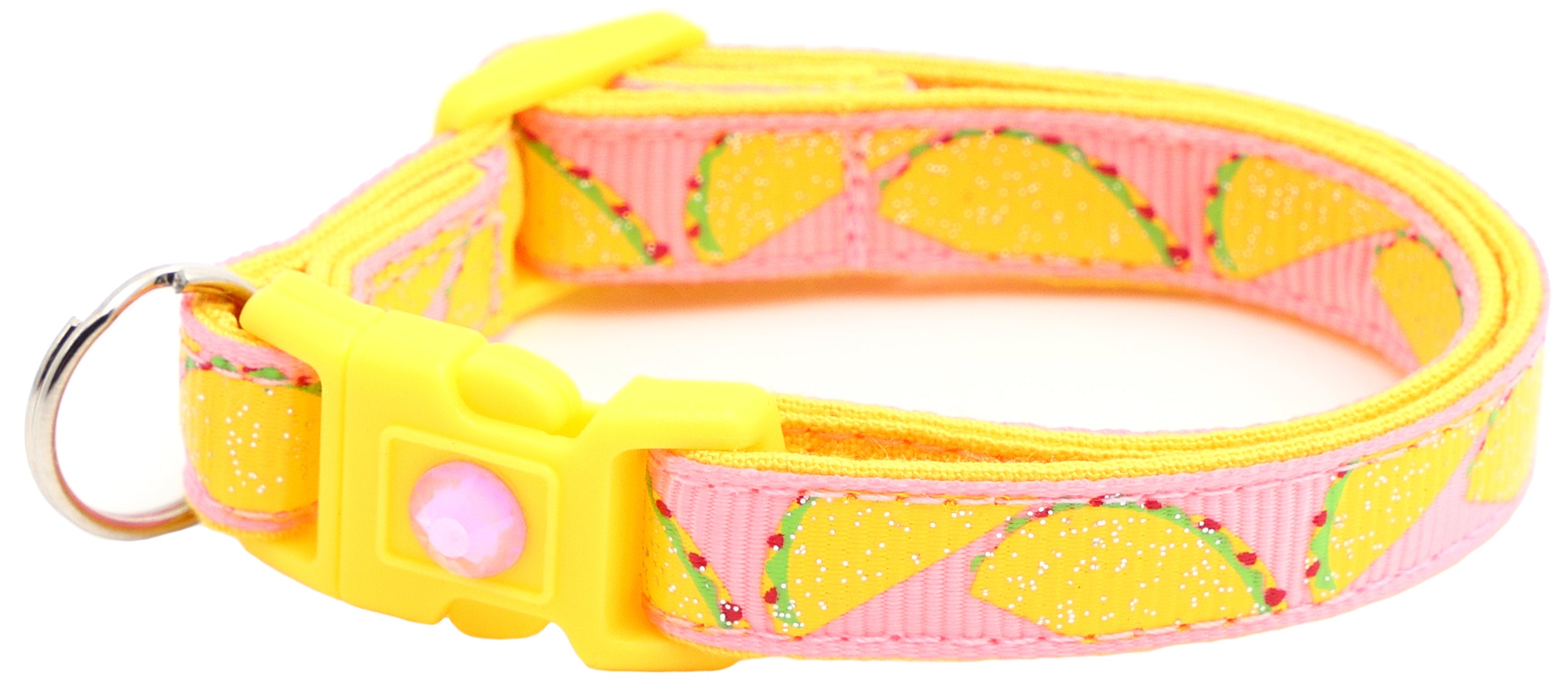 Handmade Taco Breakaway Cat Collar in reinforced cotton with breakaway clips and customizable features.